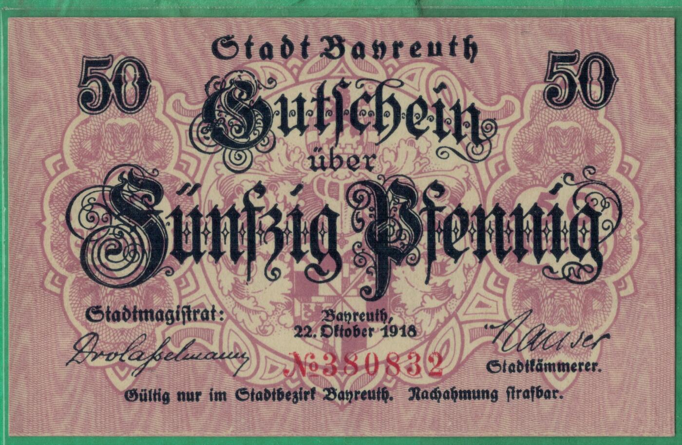 德国巴伐利亚州拜罗伊特市1918年50芬尼(紧急状态币) 无47 实物图 UNC 