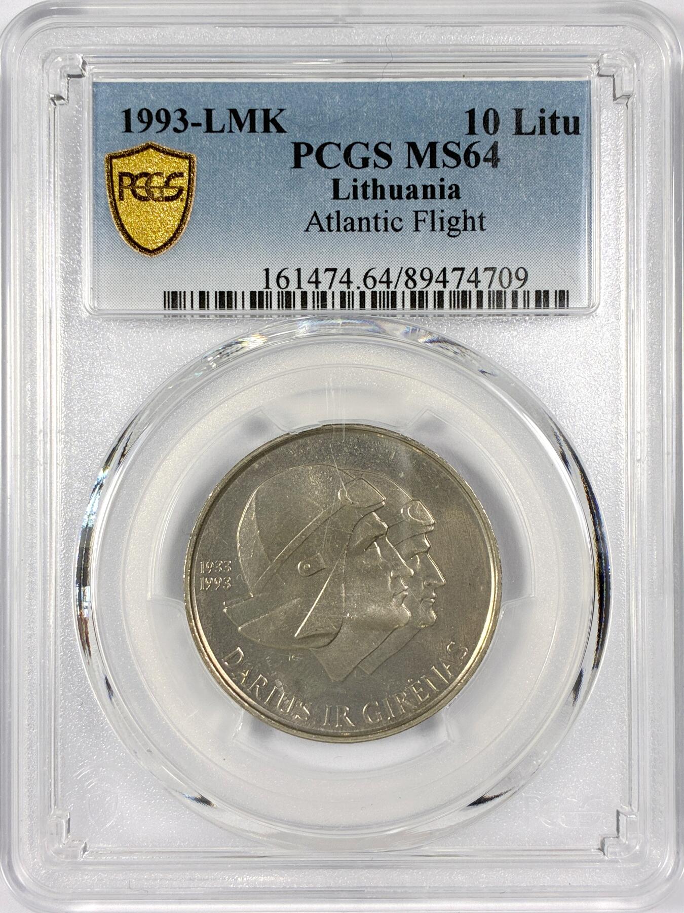 【雨安】【世界币章116期-评级币专场】2025-11-22 周六 19:30 保真【直播拍卖】 [评级现代] Lithuania 立陶宛 10拉特 1993年 大西洋航空  PCGS-MS64