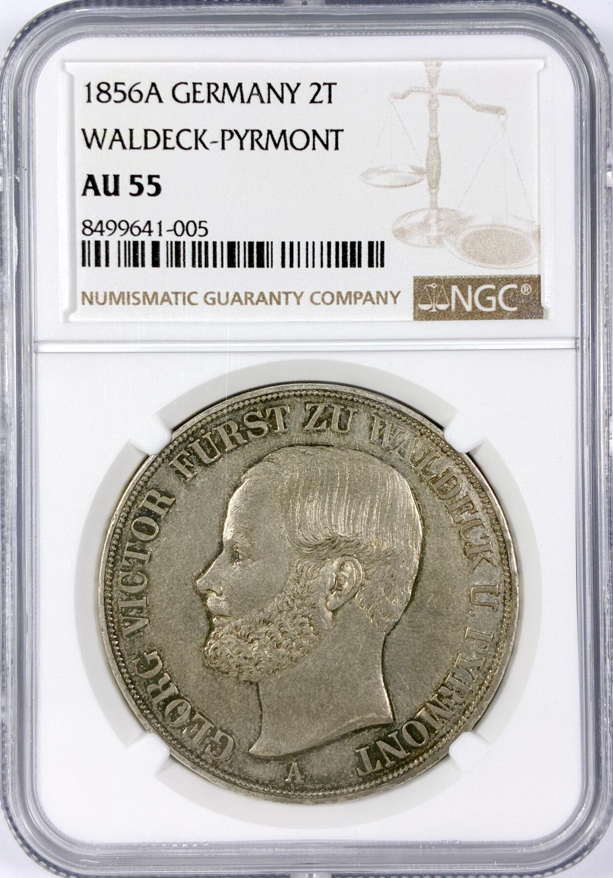 【雨安】【世界币章116期-评级币专场】2025-11-22 周六 19:30 保真【直播拍卖】 [评级德国] Germany 德国 德意志 2泰勒 Waldeck瓦尔德克 Thun.409 KM#0177 1856年 格奥尔格·维克多 1856年  NGC-AU55 原味欧洲淡美包浆 底板丝滑 严评