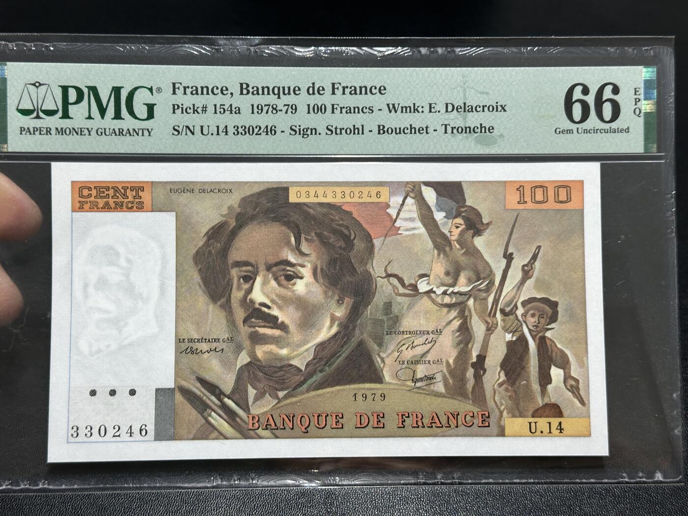 《外钞收藏家》第五百八十六期（品种丰富、精品多）（本平台长期征集拍品、欢迎藏友们联系合作） 1979年法国倒二版100法郎 PMG66