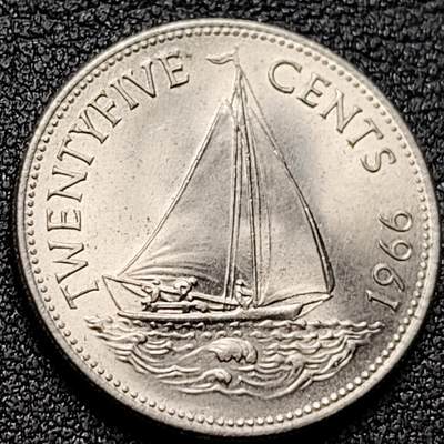 泉币菌-第133场-精品福利场 - 原光UNC 帆船 英属巴哈马25分銅镍硬币 1966年 24.6毫米 6.9克