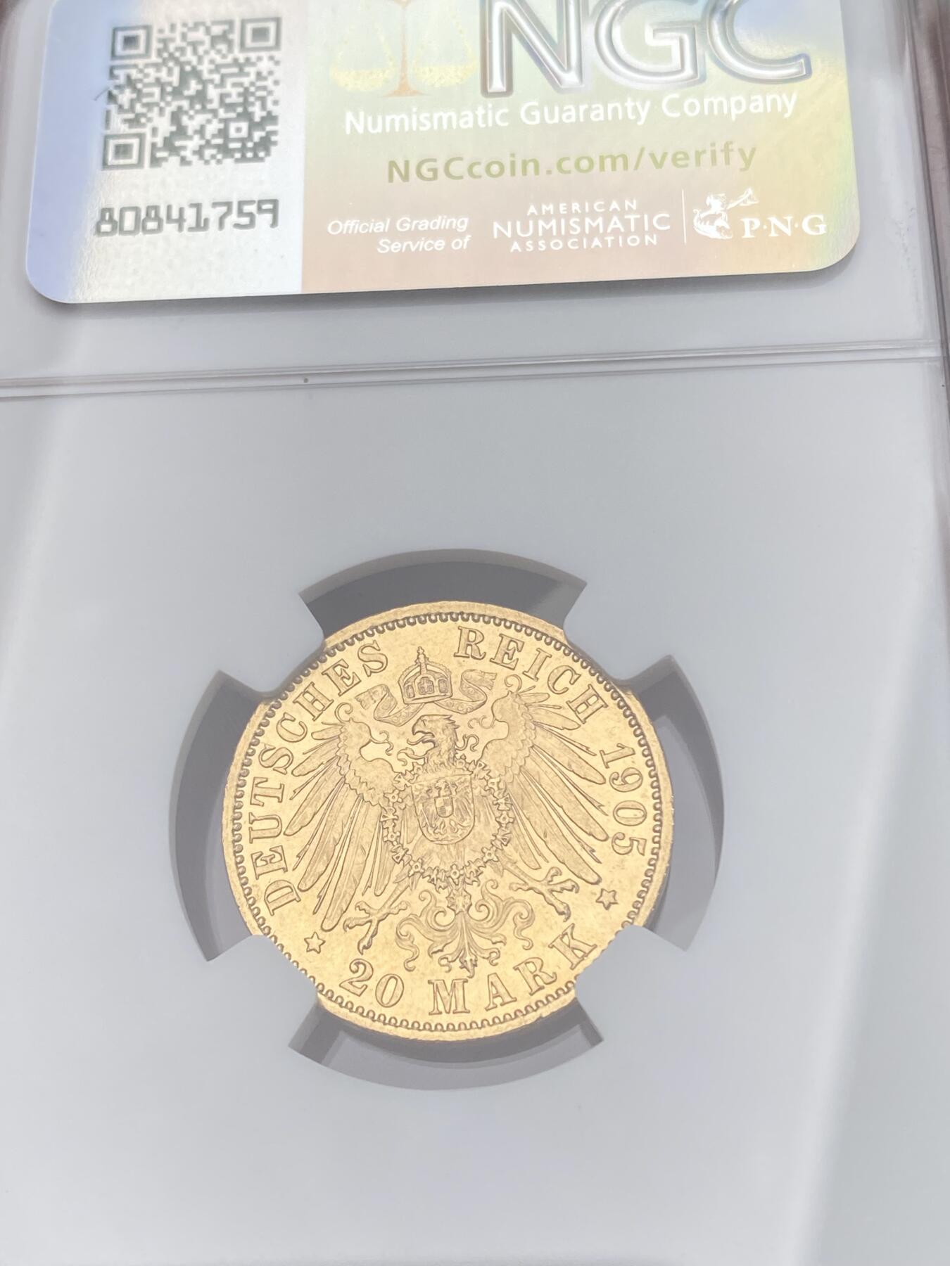 万国钱币拍卖第055期 NGC MS64 1905德国符腾堡威廉二世大胡子流通长翅20马克金币 顶级车轮金光 高分罕见品种 7.96g 900金