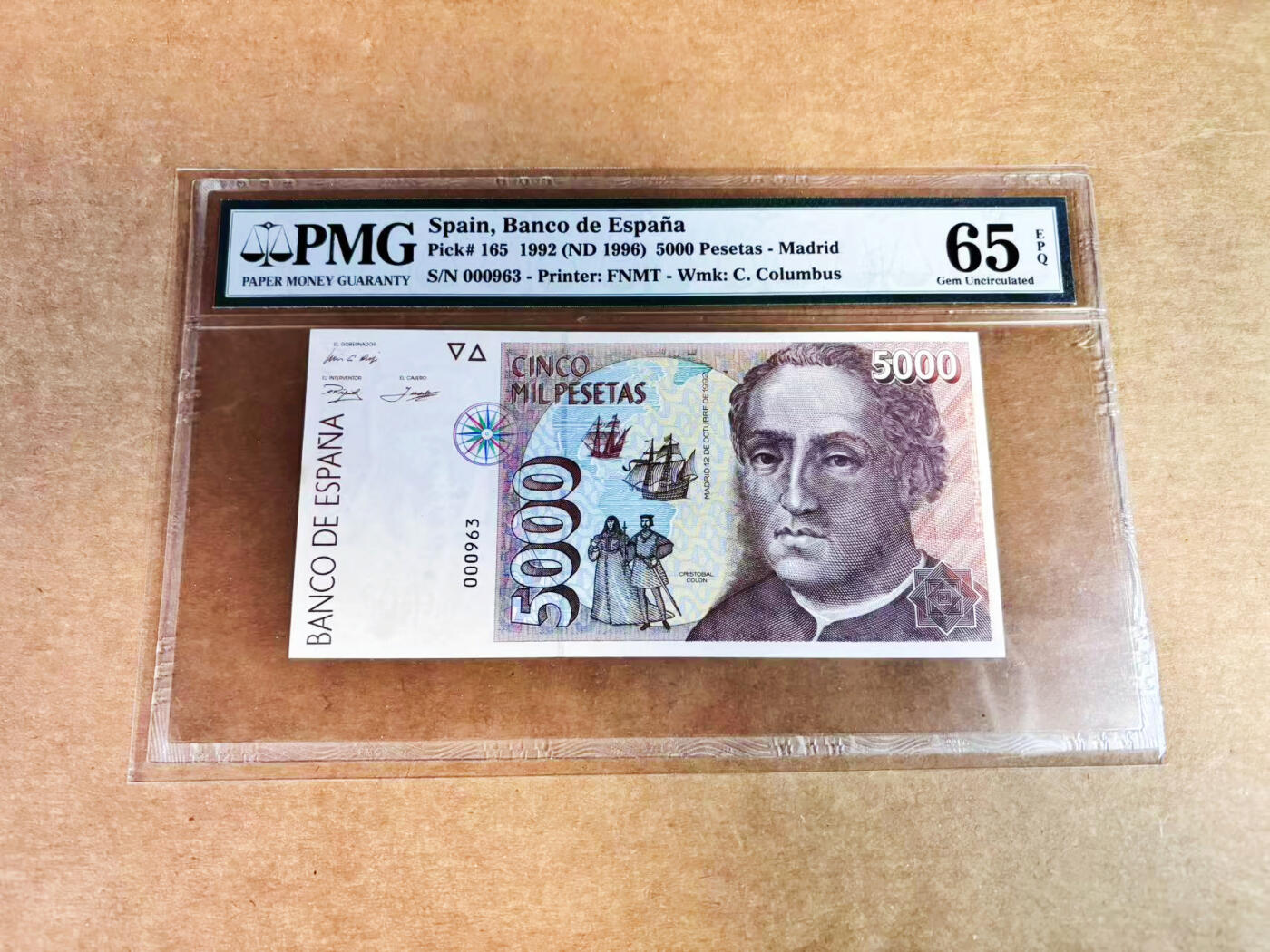 【Blue Auction】世界纸币精拍第752期——18级TOP拍卖/信誉/品质/专业/高效💫 【百位小号无47】西班牙 1996年5000比塞塔 PMG65EPQ 