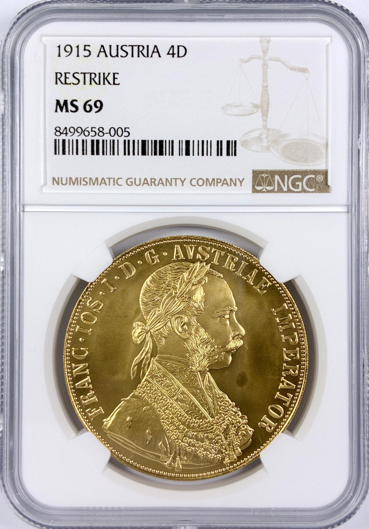 【雨安】【世界币章116期-评级币专场】2025-11-22 周六 19:30 保真【直播拍卖】 [金币] Austria 奥地利 4杜卡特 1915年 后铸 [13.96 g, 0.986 Gold] NGC-MS69