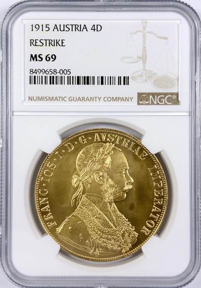 【雨安】【世界币章116期-评级币专场】2025-11-22 周六 19:30 保真【直播拍卖】 - [金币] Austria 奥地利 4杜卡特 1915年 后铸 [13.96 g, 0.986 Gold] NGC-MS69