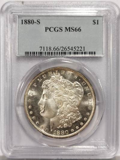 博洋堂藏家专场系列之美国钱币白金之夜专场暨第148期（全场包邮） - PCGS MS66 美国1880 S 摩根 币面霜感十足 鹰面铸痕清晰可见 品相完美 背面卡槽有二小缺