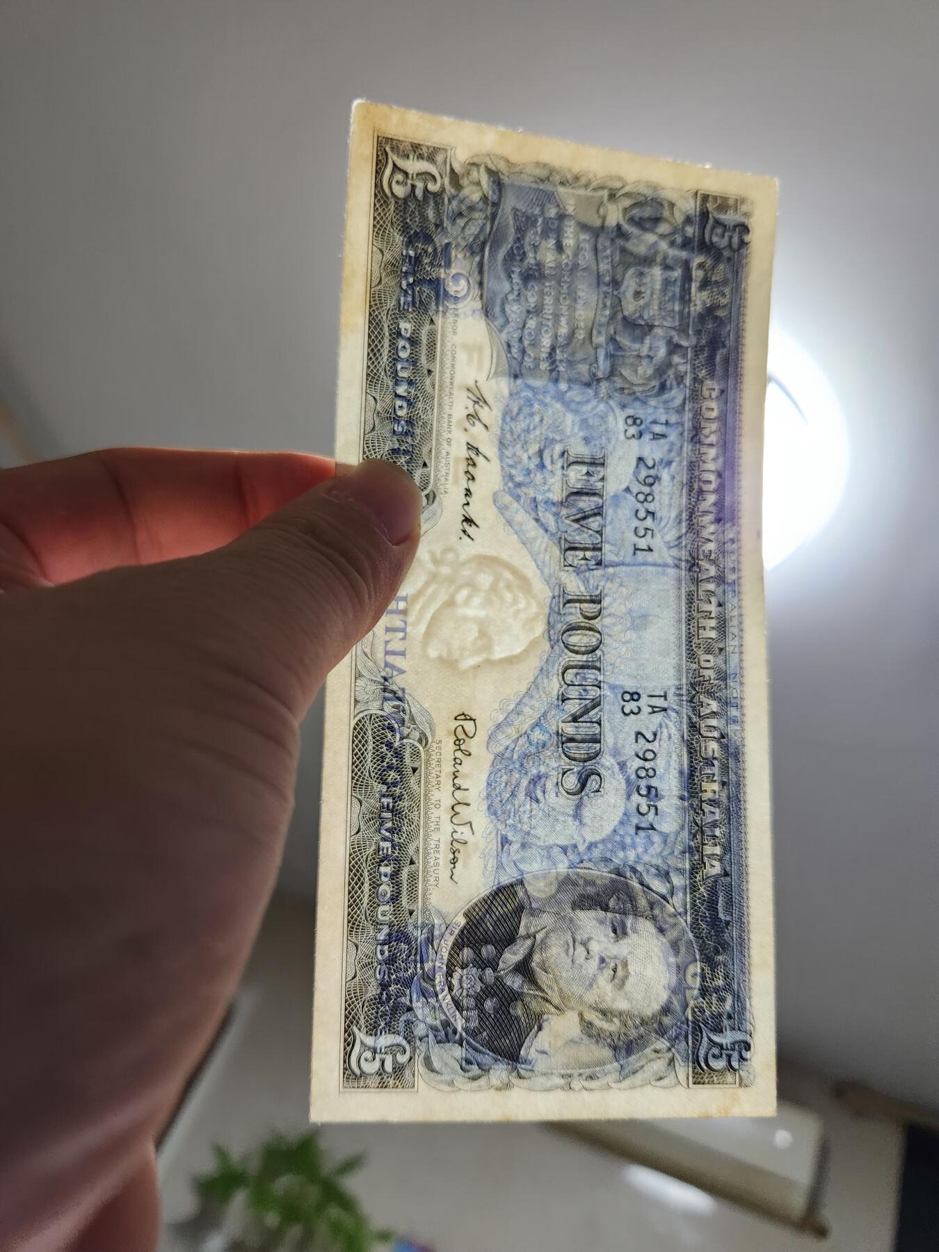 11月19号晚上8点 外国纸币自动截拍第61场 澳大利亚联邦 1954年版 5镑 (探险家 富兰克林) 美品稀少