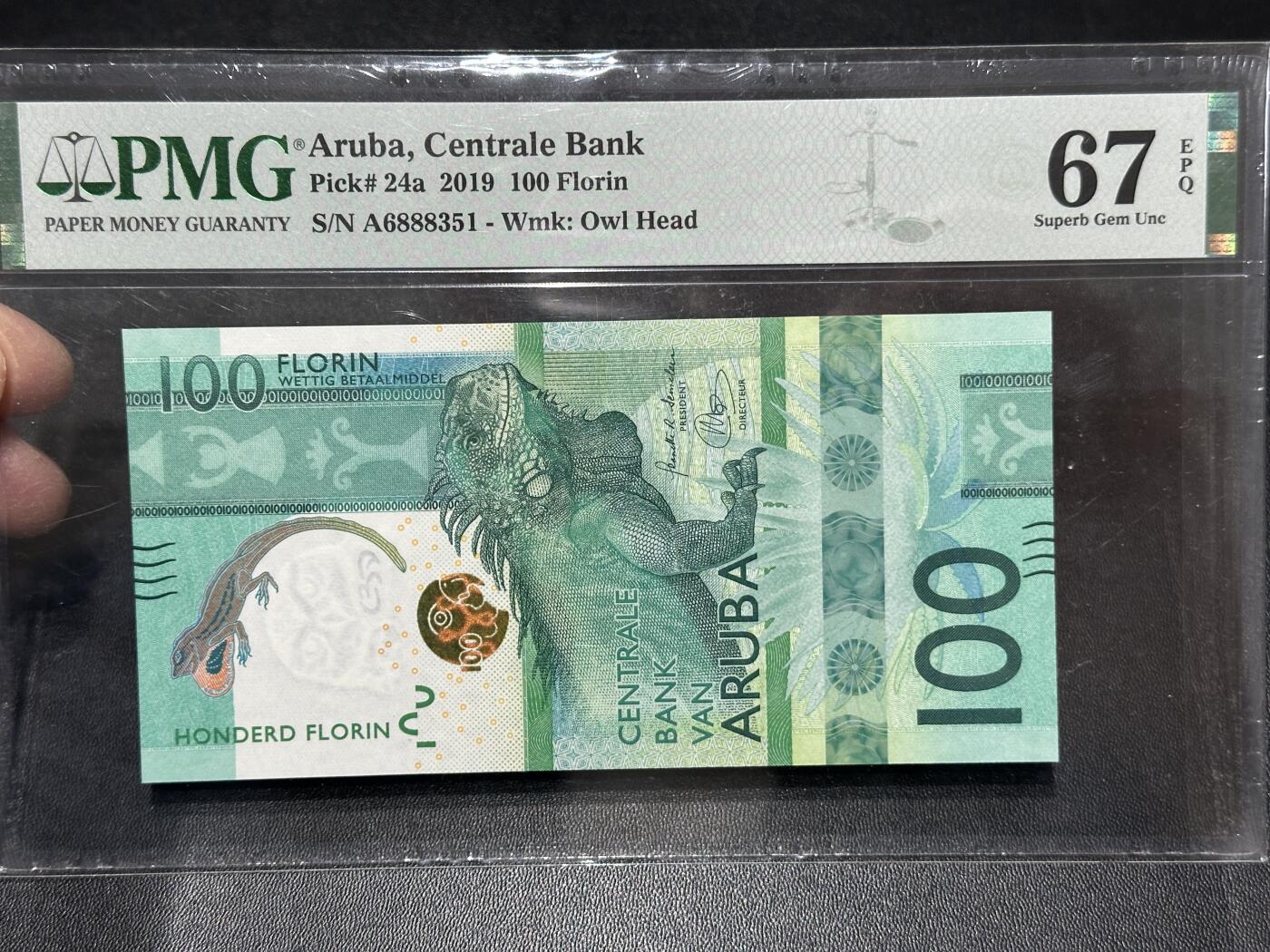 《外钞收藏家》第五百八十六期（品种丰富、精品多）（本平台长期征集拍品、欢迎藏友们联系合作） 2019年阿鲁巴100福林 PMG67 A冠 无47 获奖钞