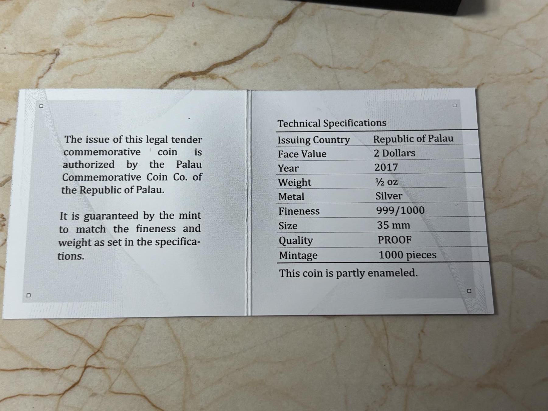 第182期拍卖 2017年帕劳2元精制部分彩色精制银币 圣经故事系列-狮穴中的丹尼尔 发行量：1千 盒证全，1/2盎司