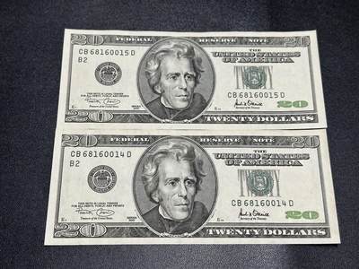 《外钞收藏家》第五百八十六期（品种丰富、精品多）（本平台长期征集拍品、欢迎藏友们联系合作） - 2001年美国大头版20美元2张连号一起 全新不绝 轻微潮