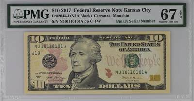 【礼羽收藏】🌏世界钱币拍卖第112期 - 2017年 10美元 彩色版 二进制号码01 PMG老壳67EPQ