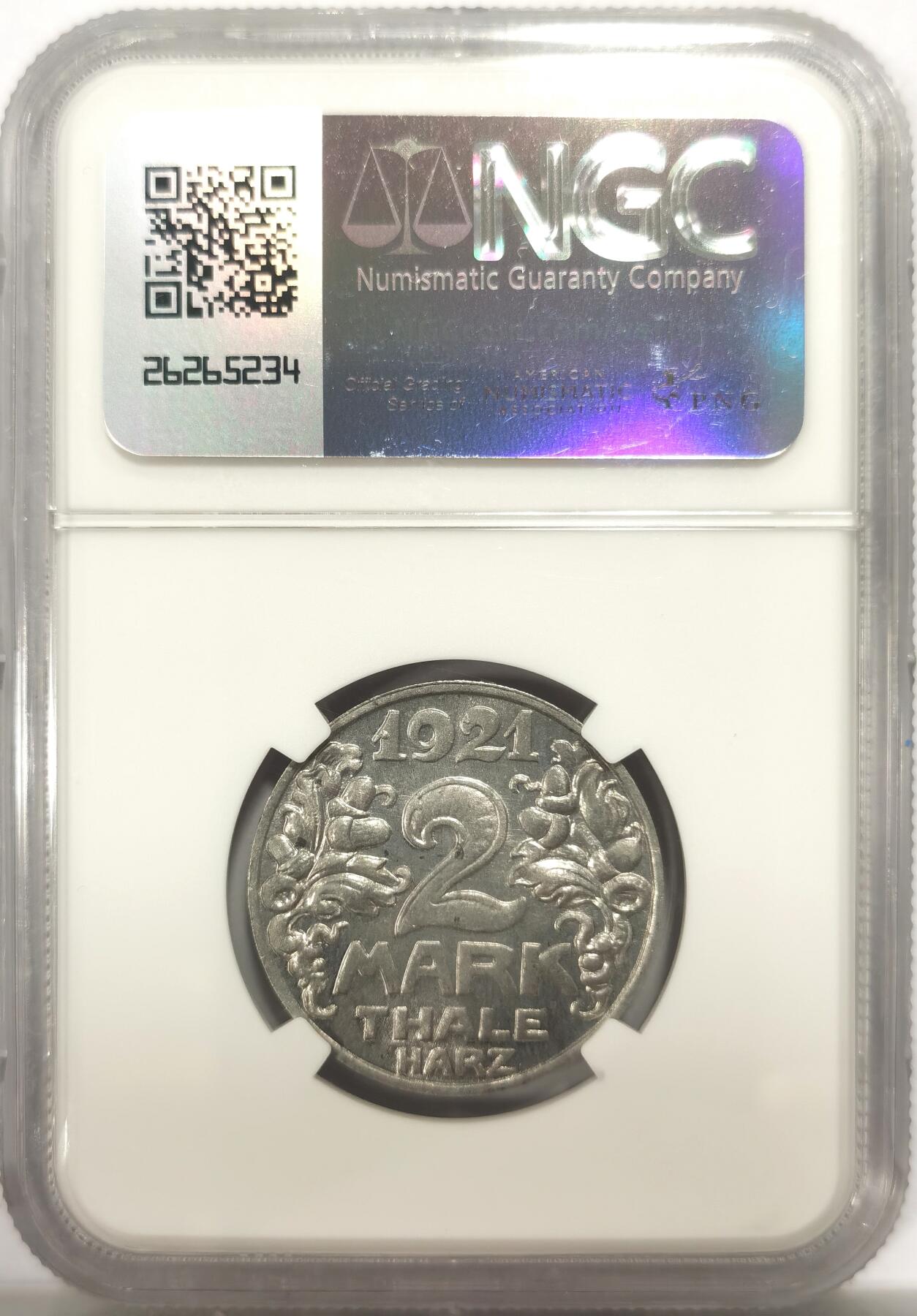 博洋堂世界钱币拍卖第147期（全场包邮） NGC MS64 德紧1921年德国紧急时期塔勒哈茨地区2马克铝币 猫猫币 名誉品 材质保存不易 高分稀有