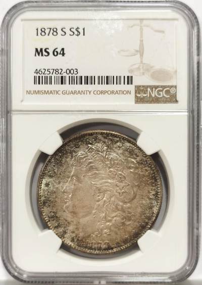 博洋堂藏家专场系列之美国钱币白金之夜专场暨第148期（全场包邮） - NGC MS64 美国1878 S 首年摩根 双面覆盖浓厚五彩包浆