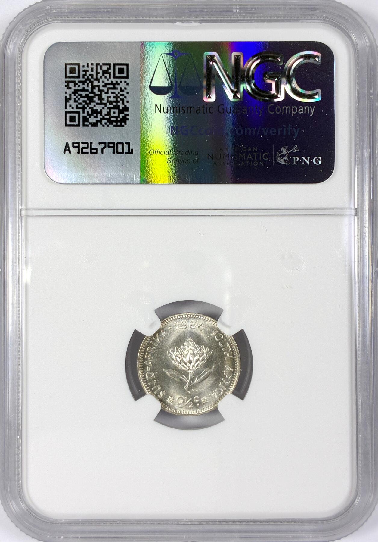 【雨安】【世界币章116期-评级币专场】2025-11-22 周六 19:30 保真【直播拍卖】 [评级非洲] South Africa 南非 2.5分 1964年 NGC-PF66