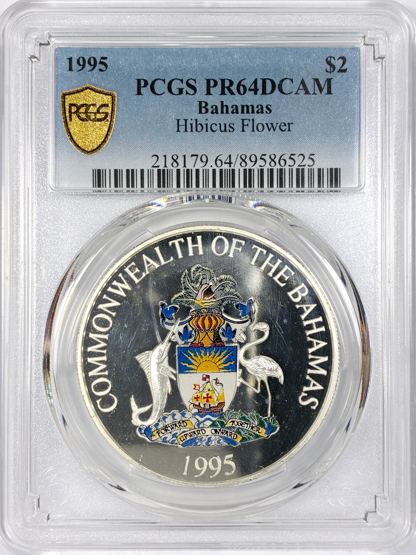 【雨安】【世界币章116期-评级币专场】2025-11-22 周六 19:30 保真【直播拍卖】 [评级现代] Bahamas 巴哈马 2元 1995年 木槿 PCGS-PR64DCAM