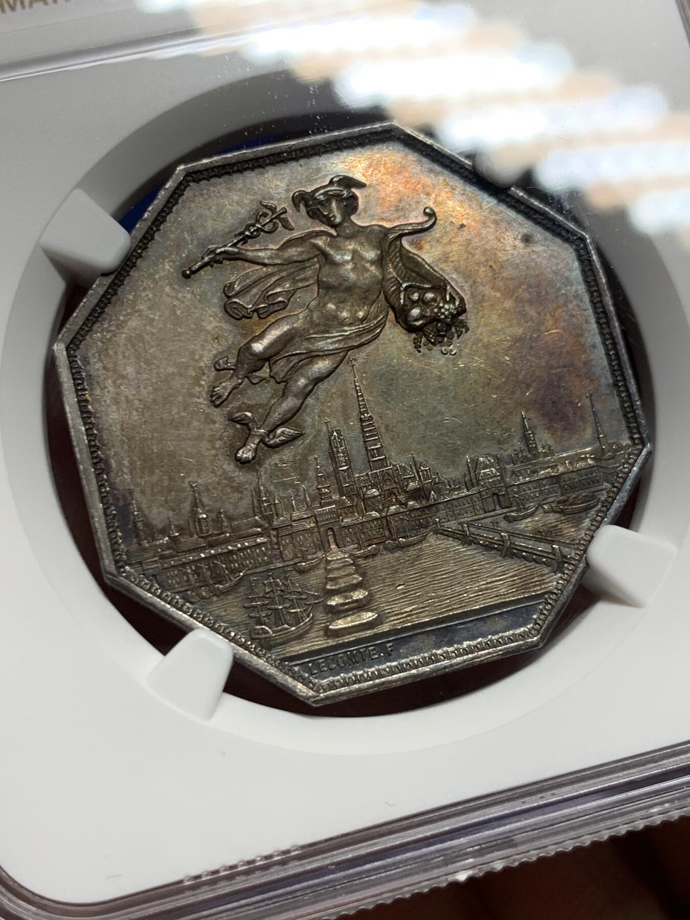 《竞宝斋》第440场 周日，周一，周二 3场连拍 （全场包邮） NGC MS63 法国鲁昂商会八角银质代币