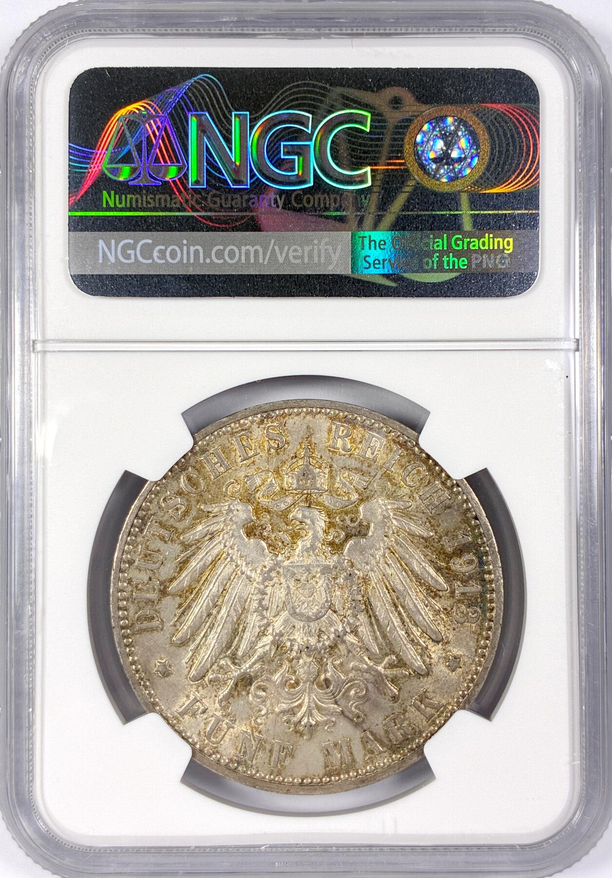 【雨安】【世界币章116期-评级币专场】2025-11-22 周六 19:30 保真【直播拍卖】 [评级德国] Germany 德国 帝国 符腾堡 5马克 威廉二世 1913年  NGC-AU58