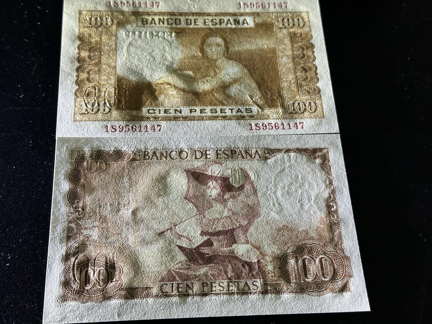 《外钞收藏家》第五百八十六期（品种丰富、精品多）（本平台长期征集拍品、欢迎藏友们联系合作） 1953和65年西班牙100比塞塔 2张一起 全新UNC