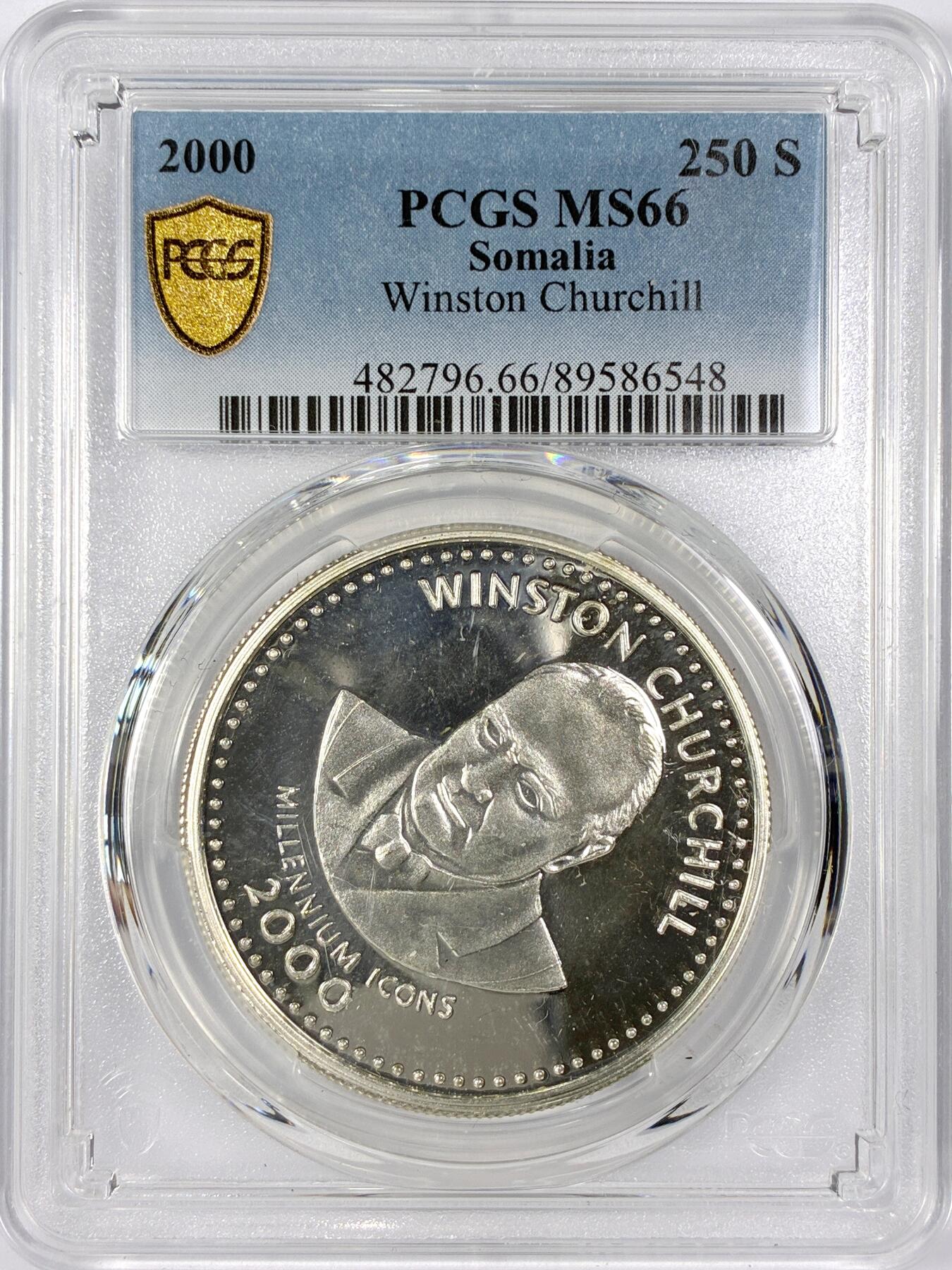 【雨安】【世界币章116期-评级币专场】2025-11-22 周六 19:30 保真【直播拍卖】 [评级现代] Somalia 索马里 250先令 2000年 丘吉尔  PCGS-MS66