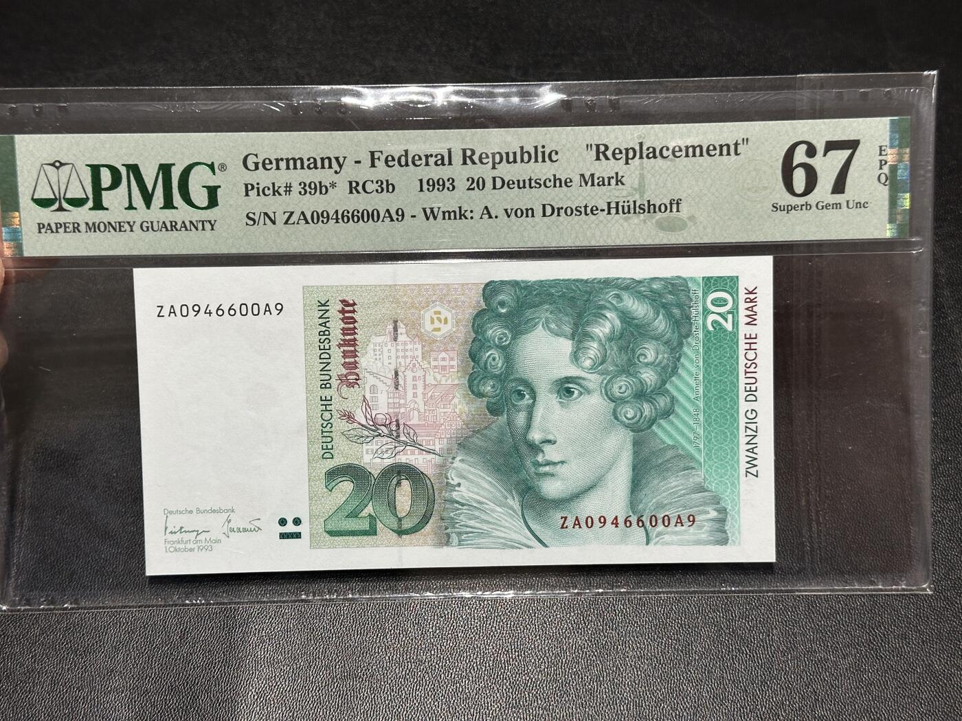 《外钞收藏家》第五百八十六期（品种丰富、精品多）（本平台长期征集拍品、欢迎藏友们联系合作） 1993年德国末版20马克 补号 PMG67
