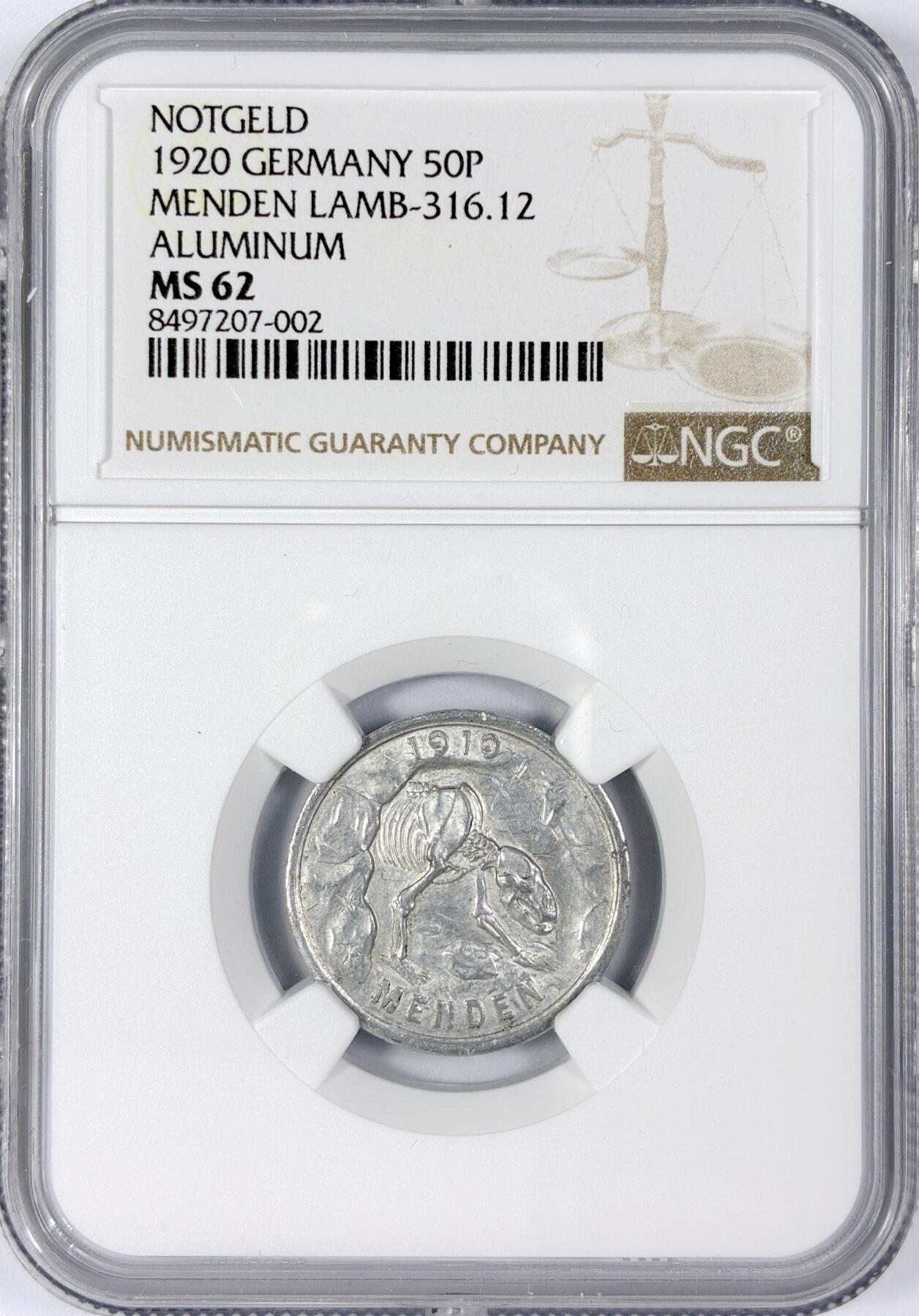 【雨安】【世界币章116期-评级币专场】2025-11-22 周六 19:30 保真【直播拍卖】 [评级德国] Germany 德国 德紧 门登 50芬尼 1920年  NGC-MS62