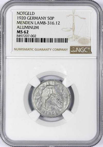 【雨安】【世界币章116期-评级币专场】2025-11-22 周六 19:30 保真【直播拍卖】 - [评级德国] Germany 德国 德紧 门登 50芬尼 1920年  NGC-MS62