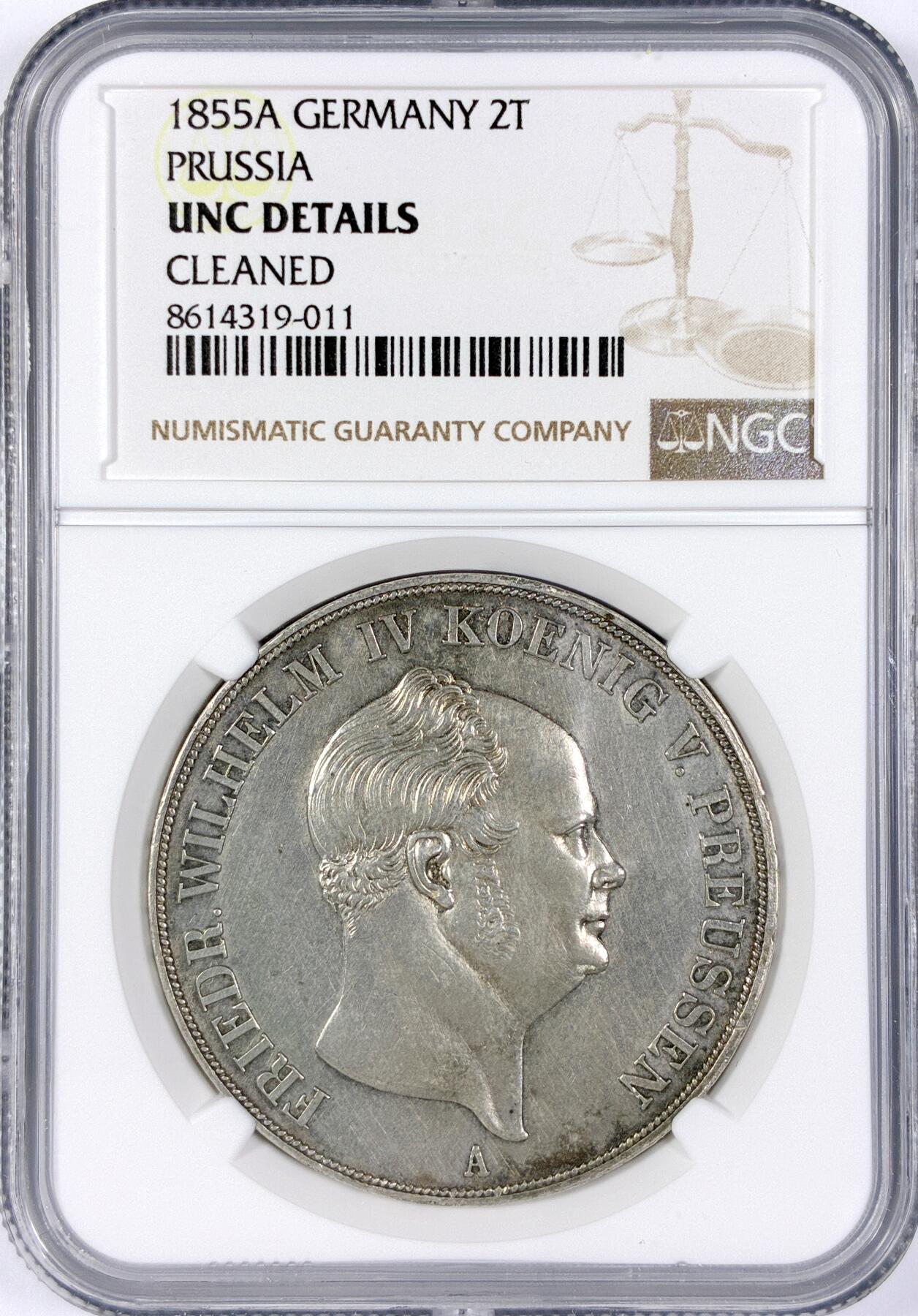 【雨安】【世界币章116期-评级币专场】2025-11-22 周六 19:30 保真【直播拍卖】 [评级德国] Germany 德国 德意志 2泰勒 Prussia普鲁士 Thun.259 KM#0467 (1853-1856) 腓特烈·威廉四世.洋葱头 1855年  NGC-UNC