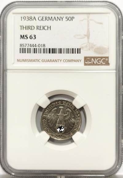 博洋堂世界钱币拍卖第147期（全场包邮） - NGC MS63 德国第三帝国1938年A版50芬尼镍币，传说中的回炉坦克币