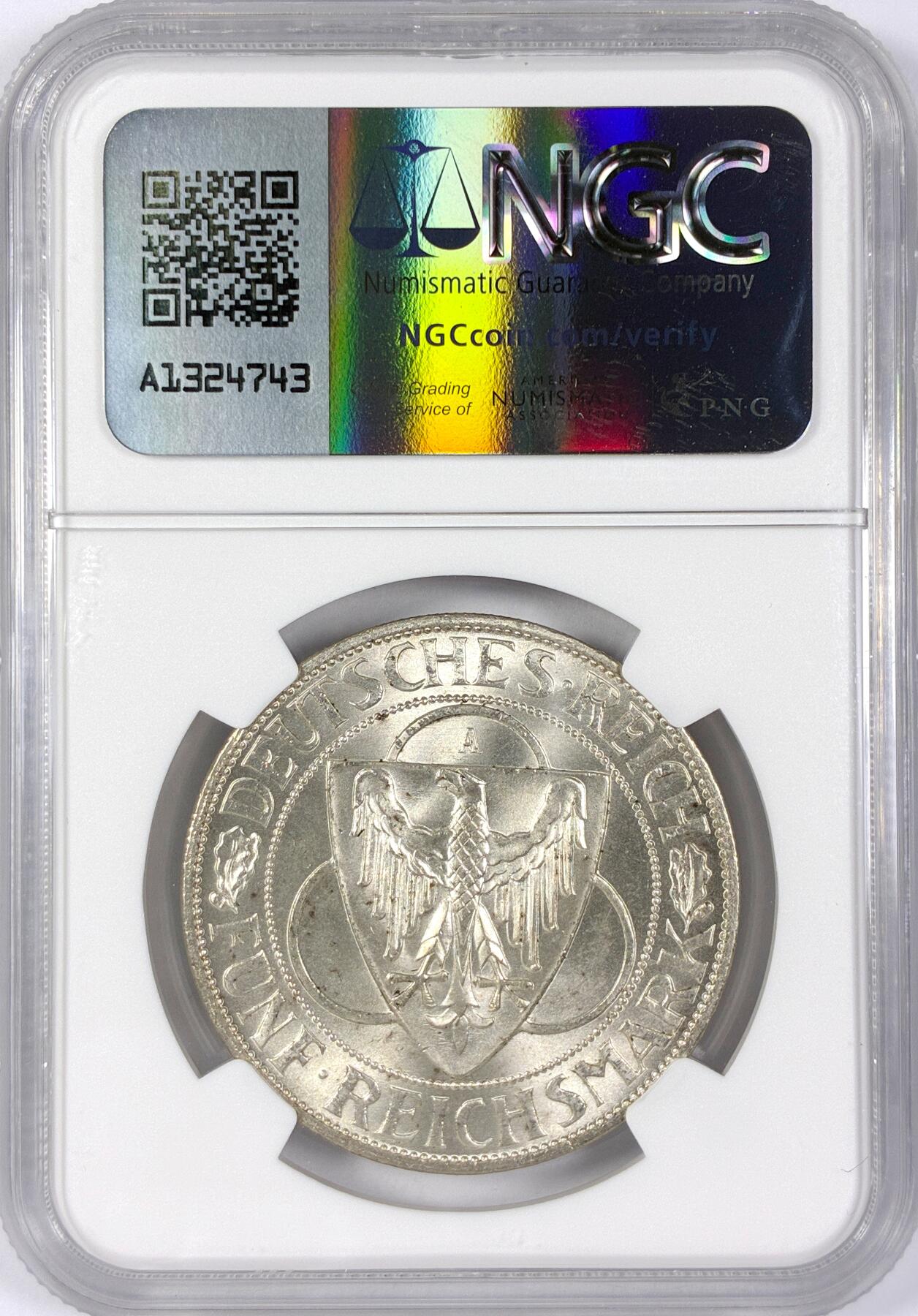 【雨安】【世界币章116期-评级币专场】2025-11-22 周六 19:30 保真【直播拍卖】 [评级德国] Germany 德国 魏玛 5马克 KM#71 莱茵兰鹰桥 1930年  NGC-MS64