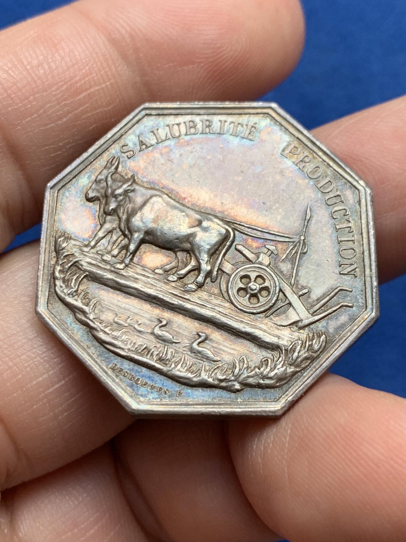 《竞宝斋》第440场 周日，周一，周二 3场连拍 （全场包邮） 法国JETON银质八角，商业干燥通用公司，直径32.2毫米，克重17.55，边铭：1832-1841油灯