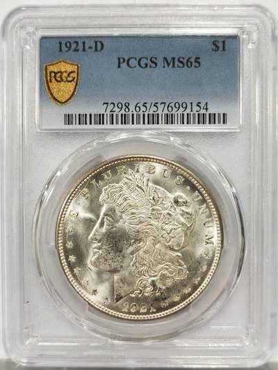 博洋堂藏家专场系列之美国钱币白金之夜专场暨第148期（全场包邮） - PCGS MS65 美国1921 D 摩根 作为丹佛铸币厂历史上唯一一次铸造的摩根银元 此版别具有特殊的历史意义 作为充分流通的年份 获得一枚如此高分的钱币极为难得 麦稀奇所见最高分 不可多得的收藏品
