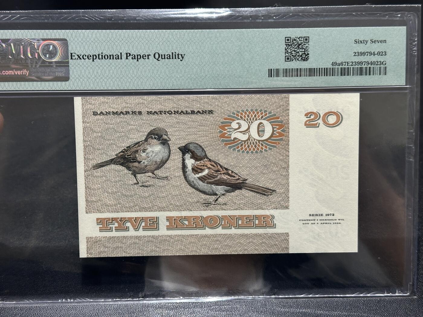 《外钞收藏家》第五百八十六期（品种丰富、精品多）（本平台长期征集拍品、欢迎藏友们联系合作） 1979年丹麦动物版20克朗 无47 PMG67