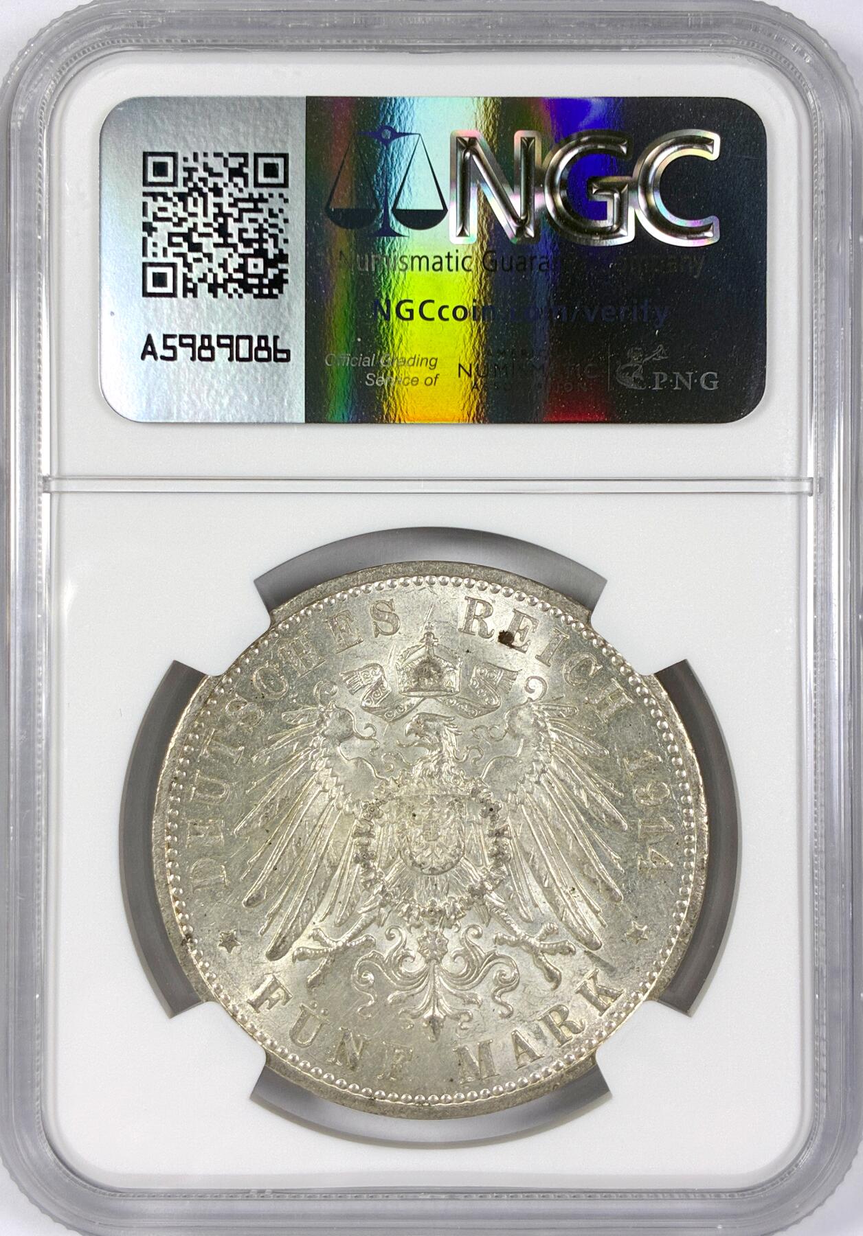 【雨安】【世界币章116期-评级币专场】2025-11-22 周六 19:30 保真【直播拍卖】 [评级德国] Germany 德国 帝国 J.114 普鲁士 5马克 (1913-1914) 军装 1914年  NGC-MS61