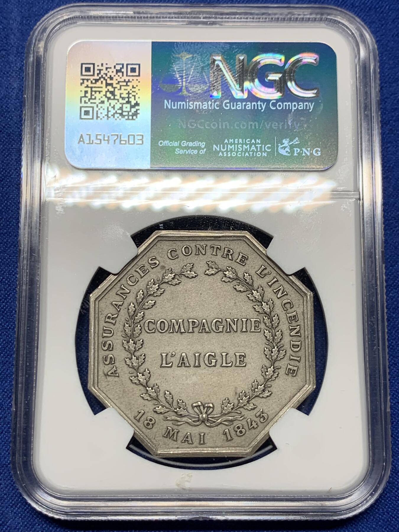 《竞宝斋》第440场 周日，周一，周二 3场连拍 （全场包邮） NGC MS64 法国雄鹰保险公司八角银质代币