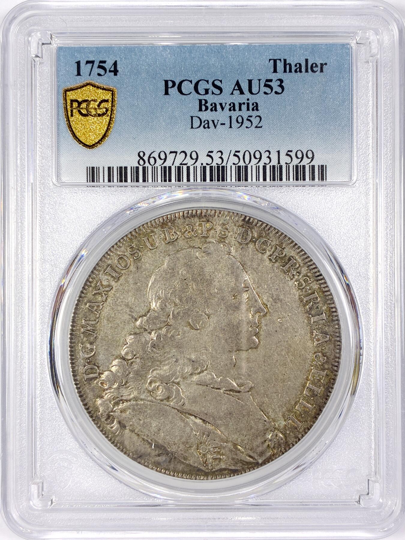 【雨安】【世界币章116期-评级币专场】2025-11-22 周六 19:30 保真【直播拍卖】 [评级德国] Germany 德国 德意志 巴伐利亚 1泰勒 1754年 圣母抱婴  PCGS-AU53