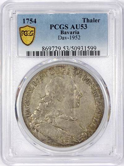 【雨安】【世界币章116期-评级币专场】2025-11-22 周六 19:30 保真【直播拍卖】 - [评级德国] Germany 德国 德意志 巴伐利亚 1泰勒 1754年 圣母抱婴  PCGS-AU53