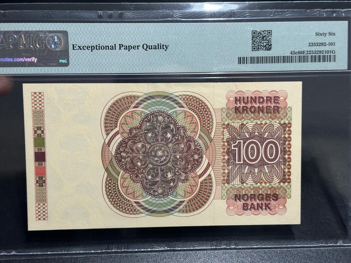 《外钞收藏家》第五百八十六期（品种丰富、精品多）（本平台长期征集拍品、欢迎藏友们联系合作） 1985年挪威100克朗 PMG66