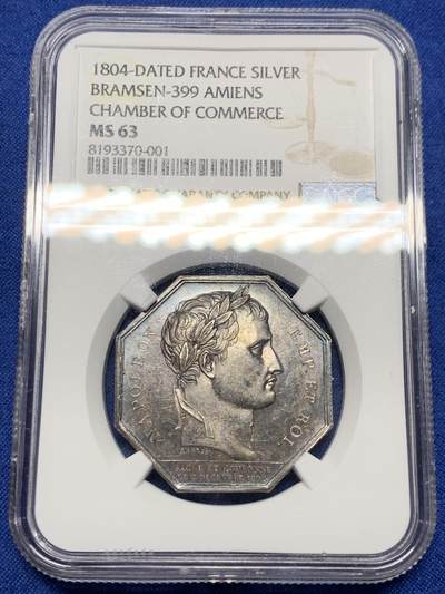 《竞宝斋》第440场 周日，周一，周二 3场连拍 （全场包邮） - NGC MS63 法国亚眠商会八角银质代币