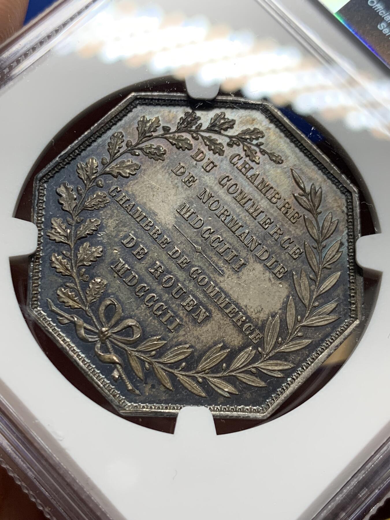 《竞宝斋》第440场 周日，周一，周二 3场连拍 （全场包邮） NGC MS63 法国鲁昂商会八角银质代币