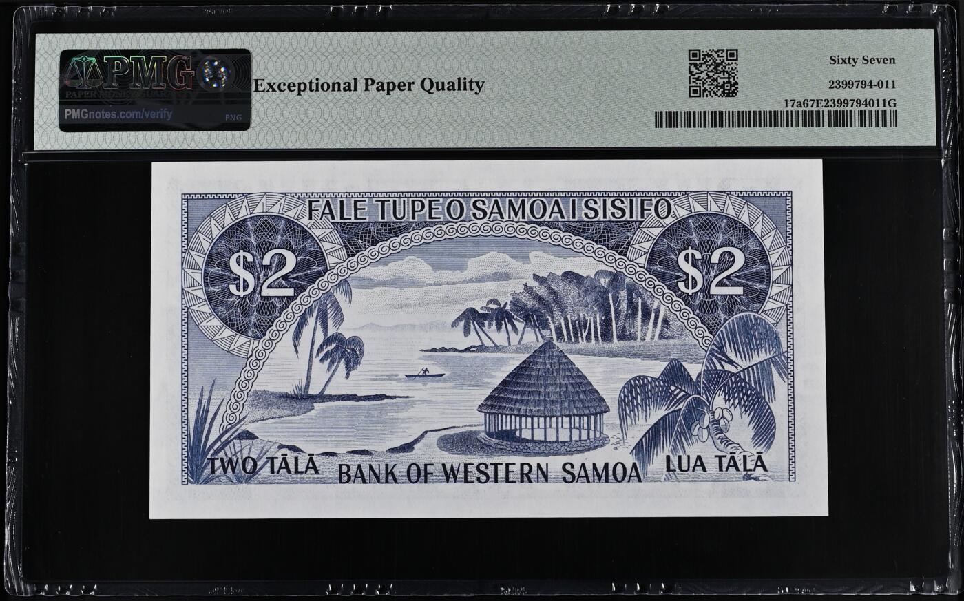 《外钞收藏家》第五百八十六期（品种丰富、精品多）（本平台长期征集拍品、欢迎藏友们联系合作） 1967年西萨摩亚2塔拉 PMG67 百位号142号