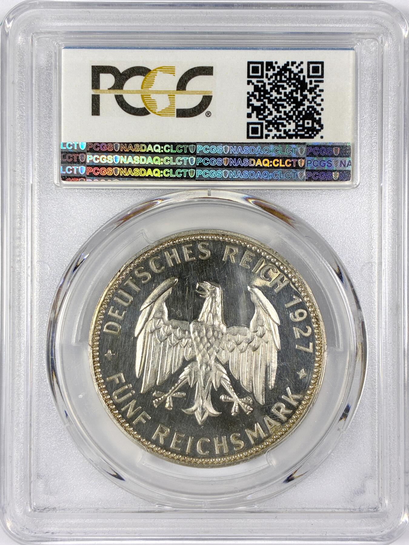 【雨安】【世界币章116期-评级币专场】2025-11-22 周六 19:30 保真【直播拍卖】 [评级德国] Germany 德国 魏玛 5马克 KM#55 图宾根大学 1927年 PCGS-PR62CAM