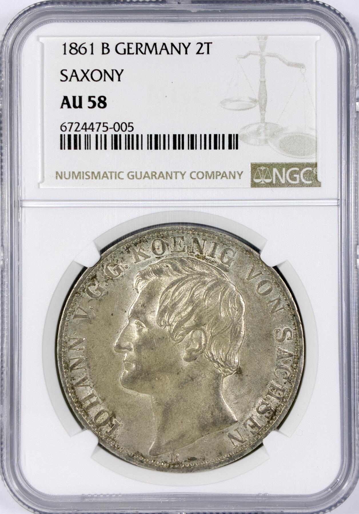 【雨安】【世界币章116期-评级币专场】2025-11-22 周六 19:30 保真【直播拍卖】 [评级德国] Germany 德国 德意志 2泰勒 Saxony萨克森 Thun.347 KM#1215 (1861) 约翰.双狮 1861年  NGC-AU58