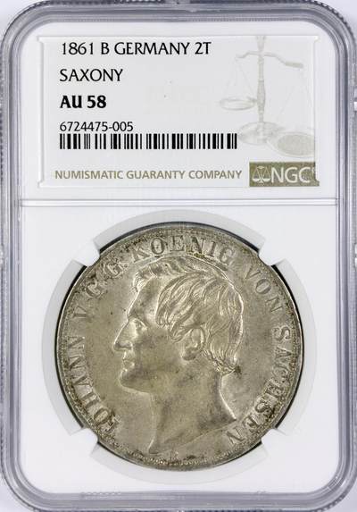 【雨安】【世界币章116期-评级币专场】2025-11-22 周六 19:30 保真【直播拍卖】 - [评级德国] Germany 德国 德意志 2泰勒 Saxony萨克森 Thun.347 KM#1215 (1861) 约翰.双狮 1861年  NGC-AU58