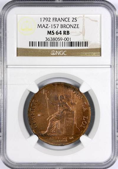 【雨安】【世界币章116期-评级币专场】2025-11-22 周六 19:30 保真【直播拍卖】 - [评级法国] France 法国 Token 2索尔 KM# Tn23 Maz-157 1792年