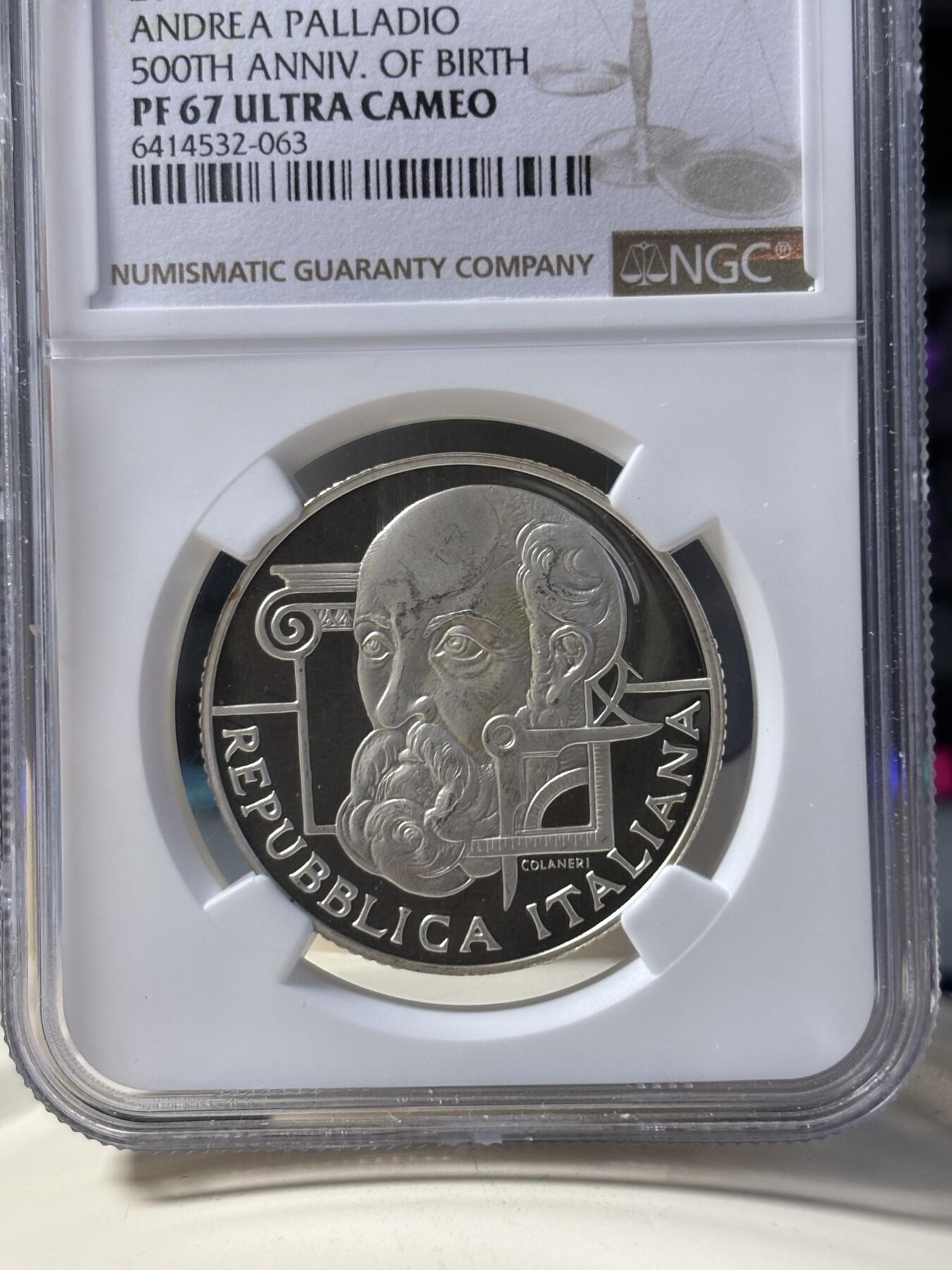 第182期拍卖 2008年意大利10欧元精制银币 欧洲之星系列-安德烈亚·帕拉第奥（意大利建筑师）诞辰500周年 NGC PF67UC（更高评分: 5枚），925银，22克，发行1万6千枚