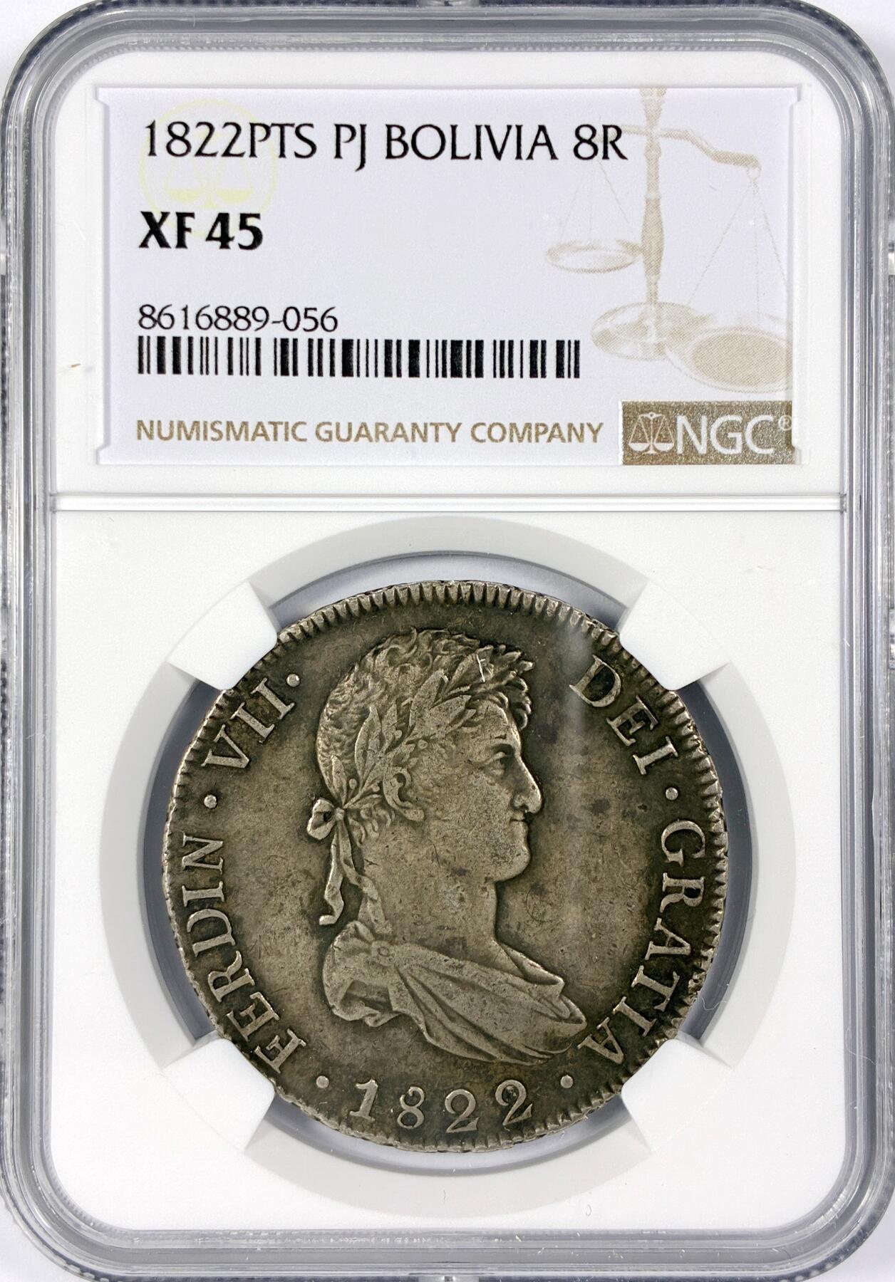 【雨安】【世界币章116期-评级币专场】2025-11-22 周六 19:30 保真【直播拍卖】 [评级美洲] Spanish Bolivia 西属玻利维亚 8里亚尔 卡洛斯四世 双柱 1822年  NGC-XF45