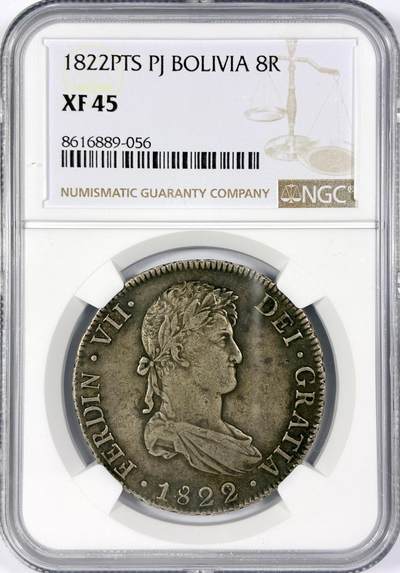 【雨安】【世界币章116期-评级币专场】2025-11-22 周六 19:30 保真【直播拍卖】 - [评级美洲] Spanish Bolivia 西属玻利维亚 8里亚尔 卡洛斯四世 双柱 1822年  NGC-XF45