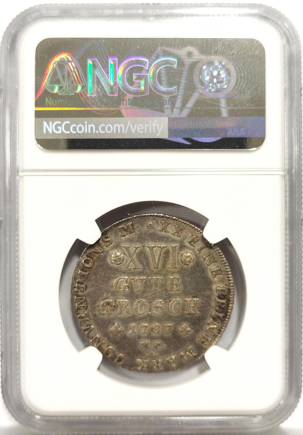 博洋堂世界钱币拍卖第147期（全场包邮） NGC AU55 德国布伦瑞克-沃芬布特尔1787年16GG（1/2泰勒）银币