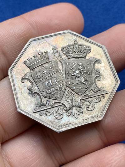 《竞宝斋》第440场 周日，周一，周二 3场连拍 （全场包邮） - 法国八角银质代币，荷兰-巴黎银行，边道犀利，21.79g，36.2mm，蜜蜂边铭