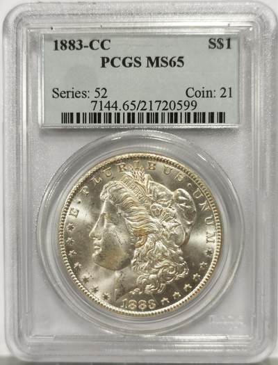 博洋堂藏家专场系列之美国钱币白金之夜专场暨第148期（全场包邮） - PCGS MS65 美国1883 CC 摩根 老盒 严重低评 远超分数的状态 铸打深俊 丝绸币面覆盖老包浆 极美品相